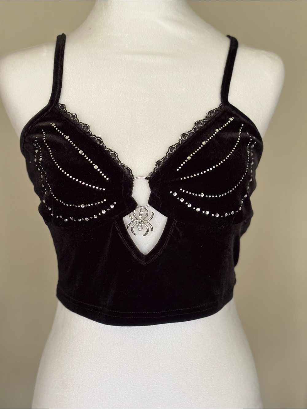 SHEIN Black Velvet Spider-Embellished Crop Bralette